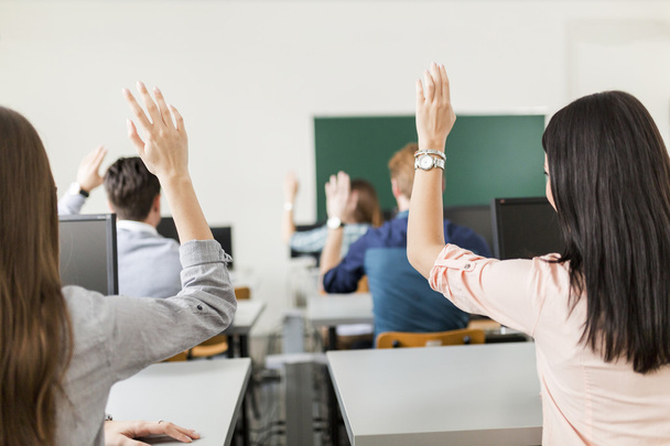 Young students raising hands in a classroom - Foto, Imagem