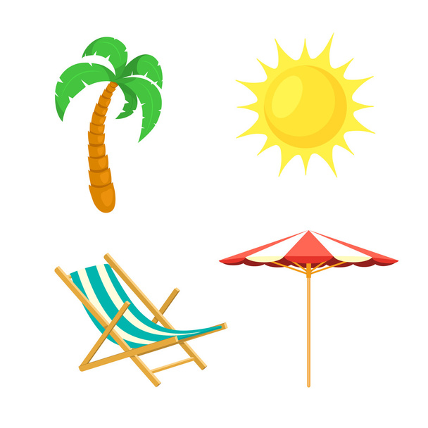 Palm tree, sun, umbrella, deck chair. - Вектор,изображение