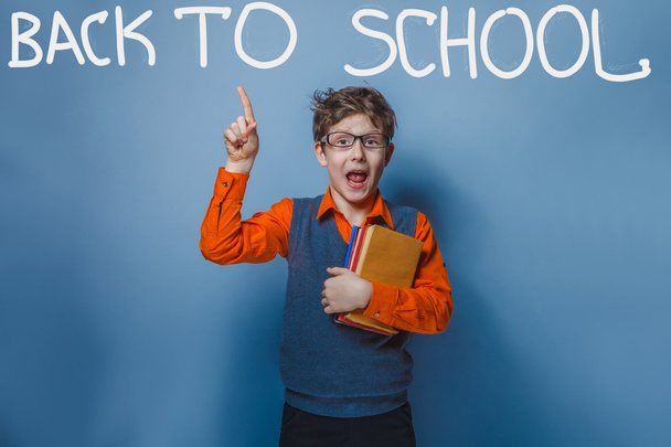 Dospívající chlapec ukazuje palec nahoru znamení shaggy knihy zpět do školy - Fotografie, Obrázek