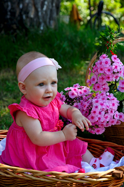 Bebé de siete meses con flores rosas
 - Foto, Imagen