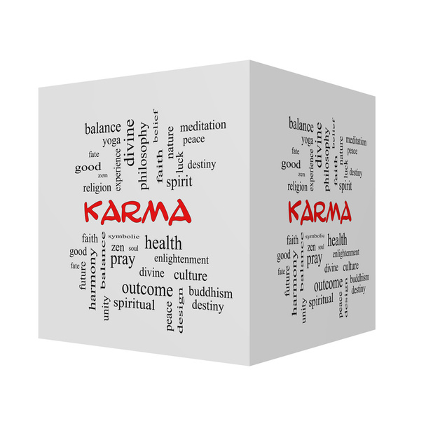 "Karma" 3d küp Word Cloud kavramında kırmızı kapaklar - Fotoğraf, Görsel