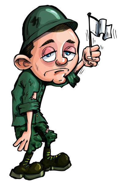 Cartoon soldaat een witte vlag zwaaien - Vector, afbeelding