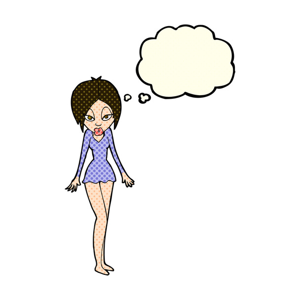 κινουμένων σχεδίων γυναίκα σε σύντομο φόρεμα με φούσκα σκέψης - Διάνυσμα, εικόνα