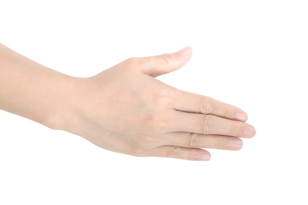 Primer plano de la mano femenina tailandesa ofrecen un apretón de manos aislado en blanco
 - Foto, Imagen