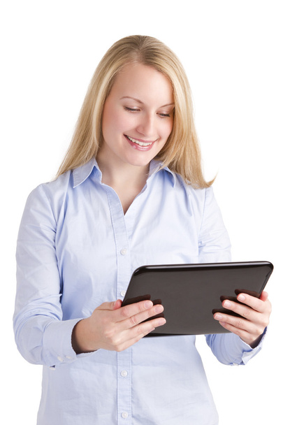 Smiling Woman Watching A Touchpad Screen - Foto, imagen