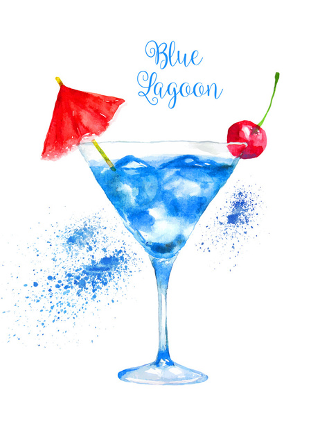 Watercolor Blue Lagoon Cocktail Isolated on White Background. - Vector, Image