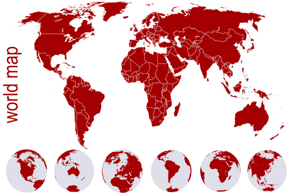 Mapa świata czerwony z ziemi globusy - Zdjęcie, obraz