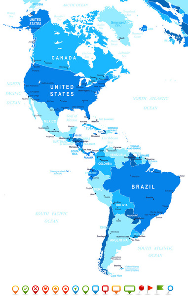 Noord en Zuid-Amerika - kaart en navigatie pictogrammen - illustratie. - Vector, afbeelding