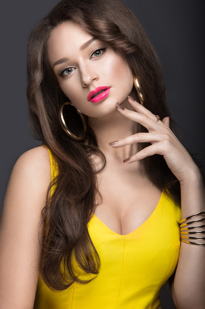 Beautiful woman with evening make-up and long straight hair . Smoky eyes. Fashion photo.  - Fotó, kép