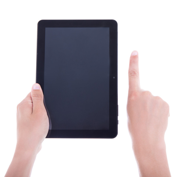 mains à l'aide de tablette tactile avec écran blanc isolé sur blanc - Photo, image