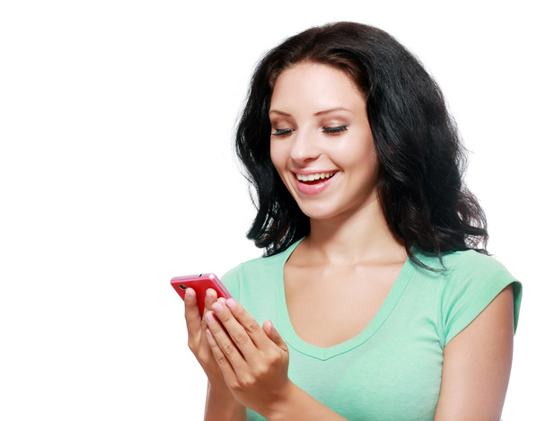 smiling woman using smartphone - Foto, Imagen