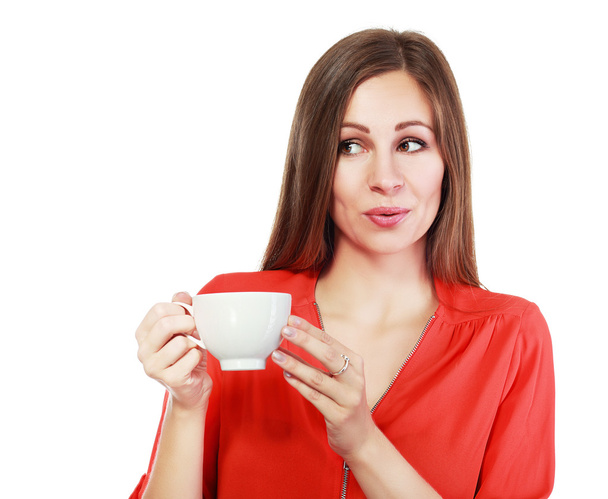 woman in red shirt  with cup - Photo, image