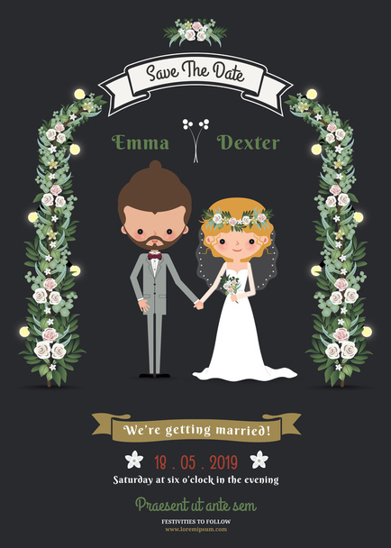 Rustik hipster romantik karikatür çift düğün kartı - Vektör, Görsel
