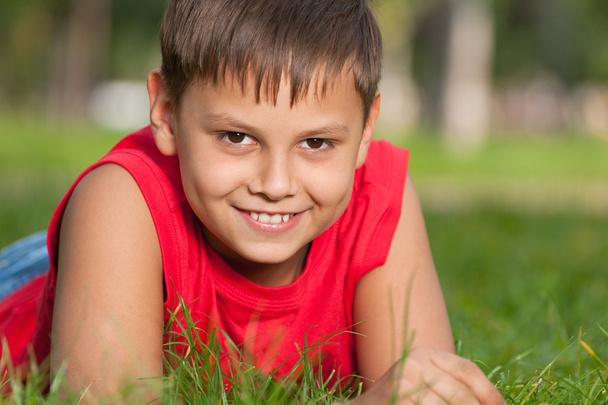 Smiling boy in red on the grass - 写真・画像