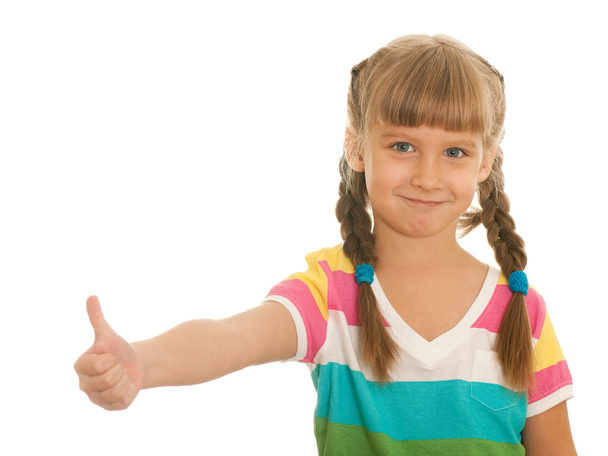 Sorrindo menina demonstra polegar para cima
 - Foto, Imagem