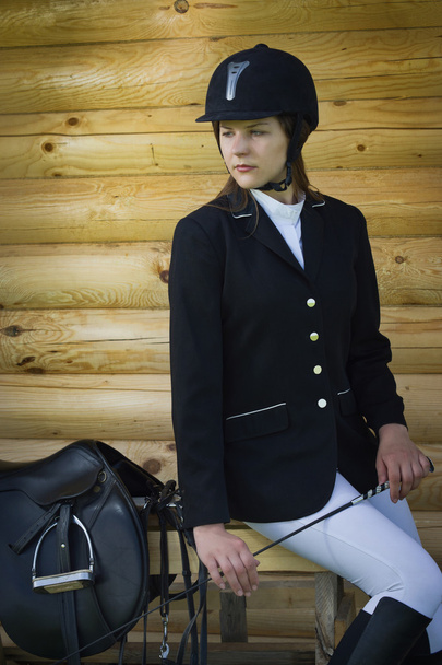 Menina bonita jockey vestir uniforme
 - Foto, Imagem
