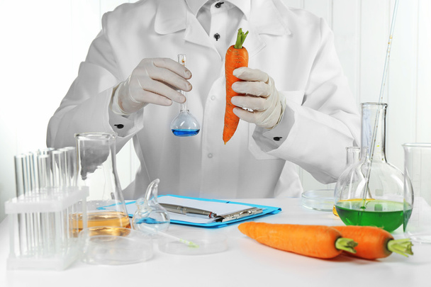 Scientist examines carrots in laboratory - Foto, Bild