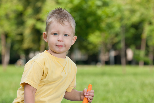 Thoughtful boy with a carrot - Фото, зображення