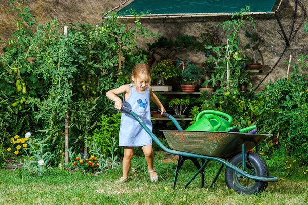 Cute little girl gardening in the backyard - Фото, изображение