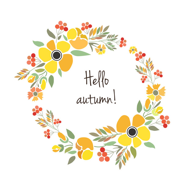 Signature "Hello autumn" with red, brown and orange flowers and  - Vecteur, image