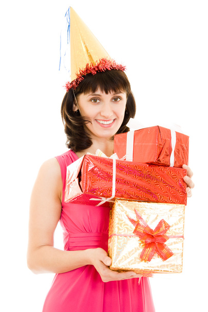 Happy woman with gifts on a white background. - Foto, Imagen