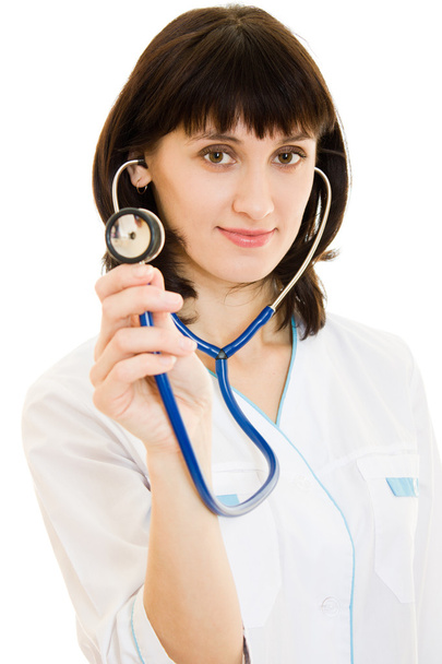 Successful woman doctor with stethoscope on white background. - Zdjęcie, obraz