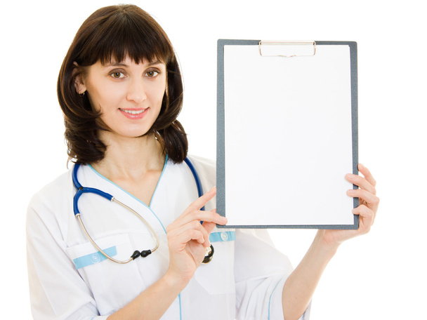 Woman doctor with an advertising tablet on a white background. - Fotografie, Obrázek
