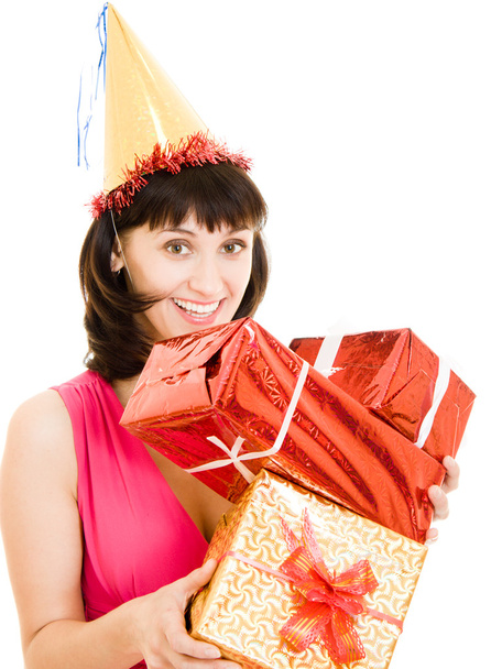 Happy woman with gifts on a white background. - Foto, Imagem