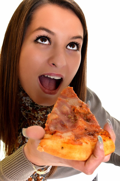 白で隔離されるピザを食べる少女 - 写真・画像