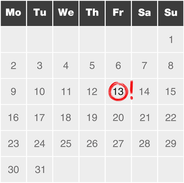 Calendario del mese da lunedì a domenica con il rosso segnato venerdì 13
 - Vettoriali, immagini