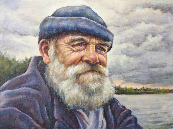 Oil portrait of senior man with his cap - Foto, imagen
