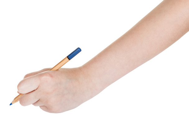 mano femenina dibuja por lápiz azul madera
 - Foto, Imagen