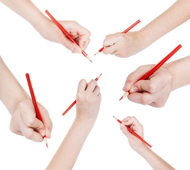 σύνολο Ισοπαλία χέρια με κόκκινο μολύβι απομονωθεί - Φωτογραφία, εικόνα
