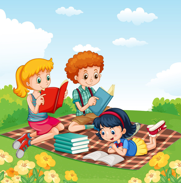 Niños leyendo libros en el parque
 - Vector, Imagen