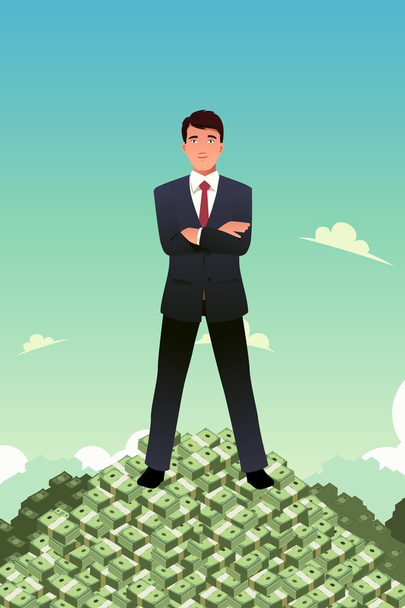Επιχειρηματίας που στέκεται πάνω από το σωρό χρήματα - Διάνυσμα, εικόνα