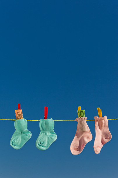 Baby socks on clothesline with euro - Фото, изображение