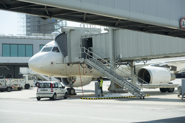 Rome, Italy July 29, 2015: Jet aircraft docked in international airport on July 29 , 2015 in Italy - Photo, Image