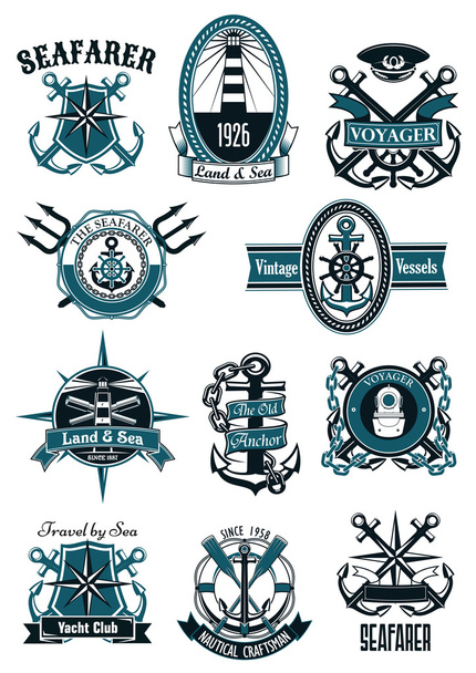 Emblemas náuticos vintage com itens marinhos
 - Vetor, Imagem