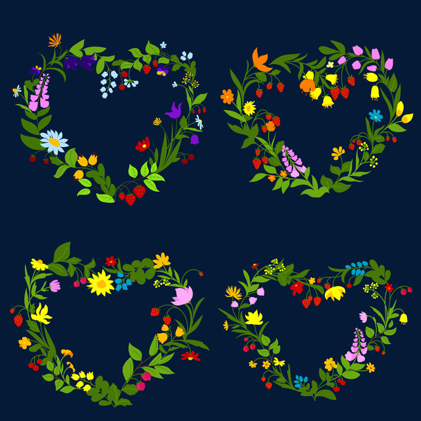 Floral hearts with flowers and herbs - Vector, afbeelding