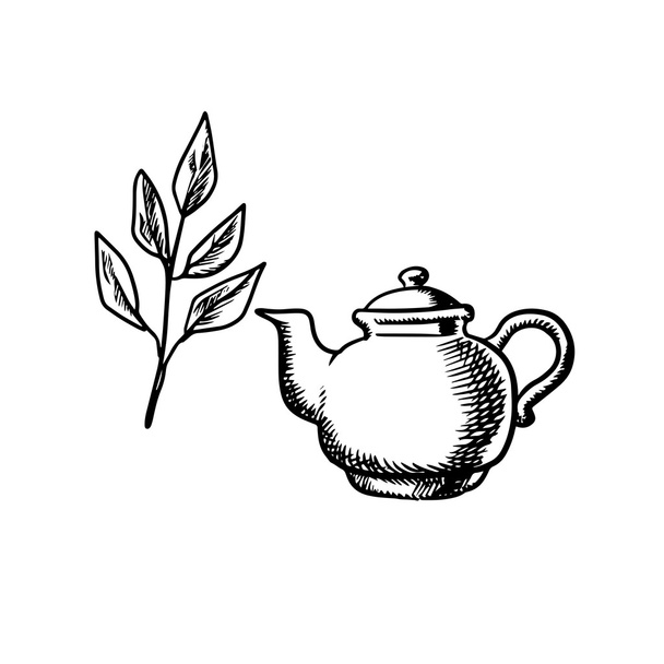Teiera in ceramica con foglie di tè
 - Vettoriali, immagini