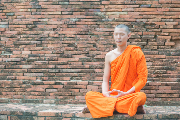 Тайский монах медитирует в храме в Аюттхая, Таиланд
 - Фото, изображение