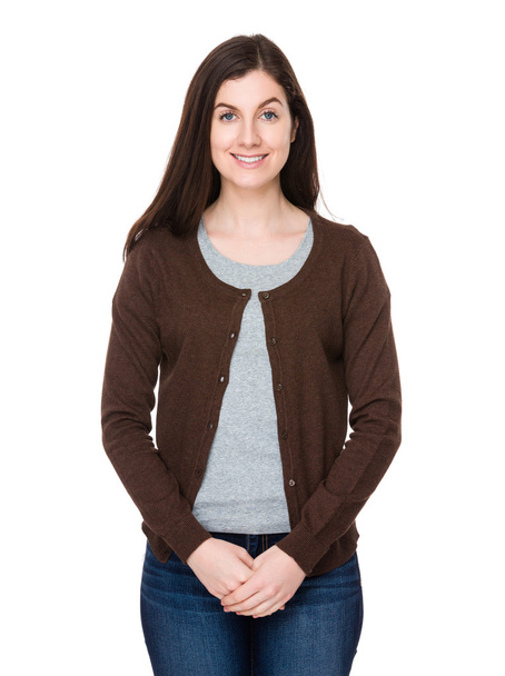 caucasian brunette woman in brown cardigan - Foto, afbeelding