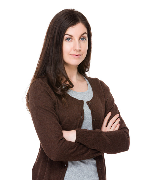 caucasian brunette woman in brown cardigan - Foto, imagen