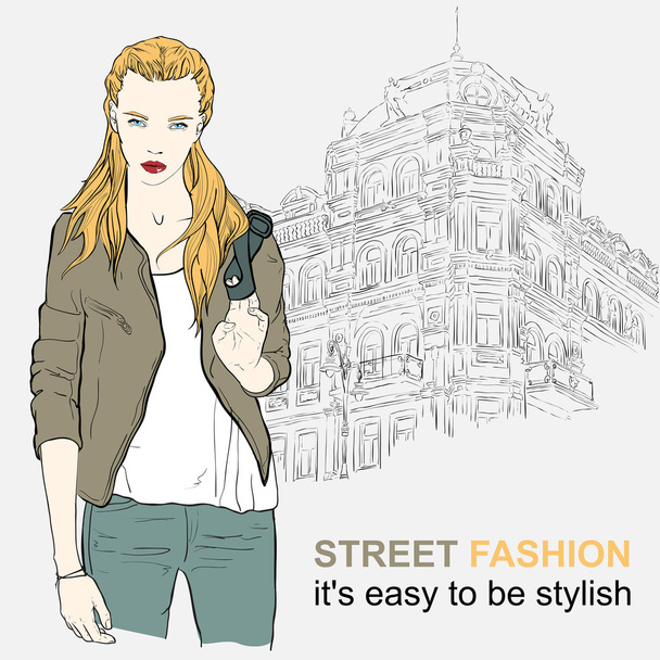 Fashion girl in jacket on the street - Vector, Image