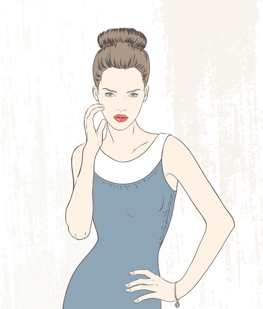 Mavi elbiseli kadın moda. Vektör çizim - Vektör, Görsel