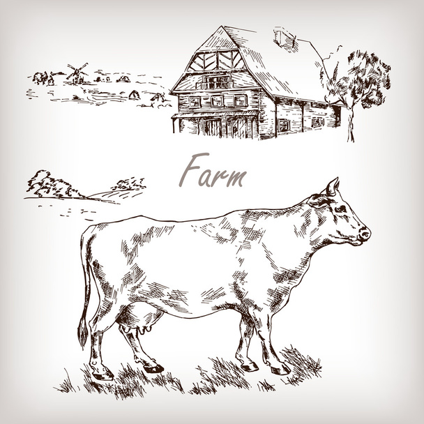 Ferme prête. Maison, vache, illustration vectorielle dans le style croquis
 - Vecteur, image