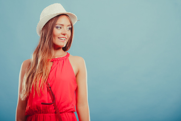 Cute fashion woman in hat and red shirt. Portrait. - Фото, зображення