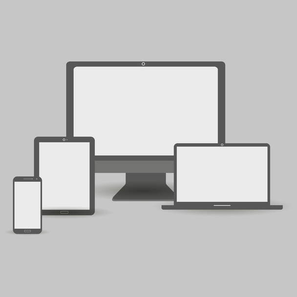 conjunto de monitor realista, tableta, teléfono y portátil. dispositivo para el hogar y la oficina, para el trabajo y el ocio
 - Vector, imagen