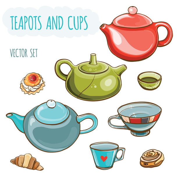 vector illustration set of teapots, cups and buns.  - Vector, Image