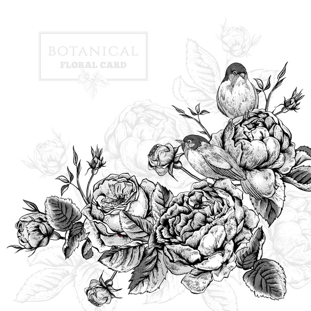 Scheda floreale in stile vintage con rose inglesi in fiore e uccelli
 - Vettoriali, immagini